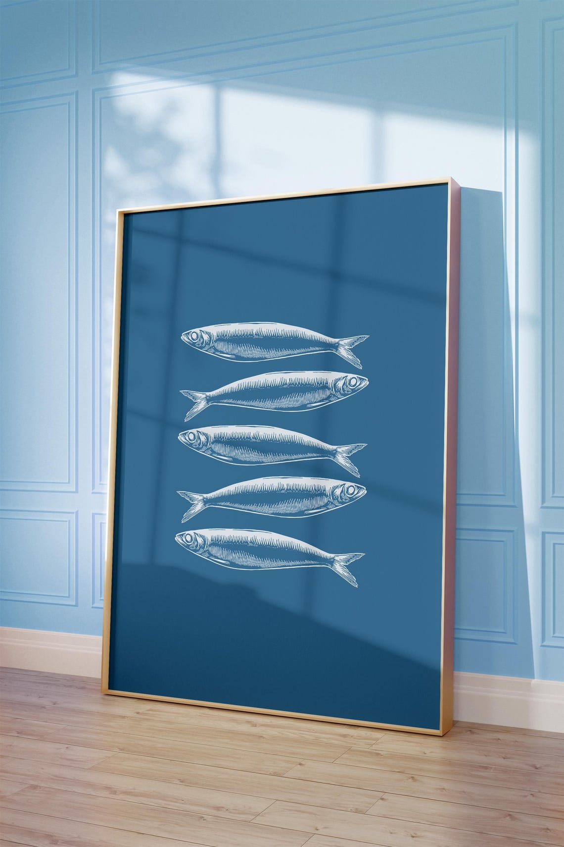 Sardines Navy Minimalist Coastal Fish Line Kitchen Beach Wall Art