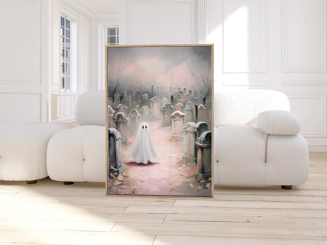 In Graveyard Print Cute Halloween Wall Art Spooky Seasonal Decor Light Pink Dark Academia
