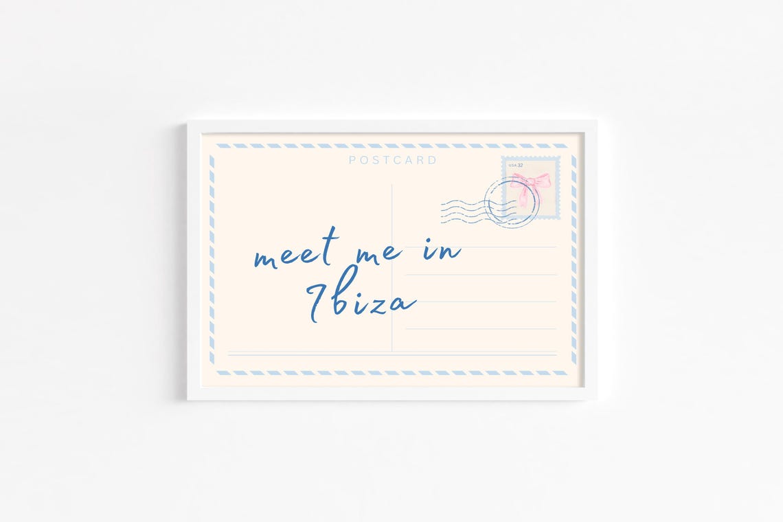 Meet Me In Ibiza Light Blue Postcard Travel Print Retro Style