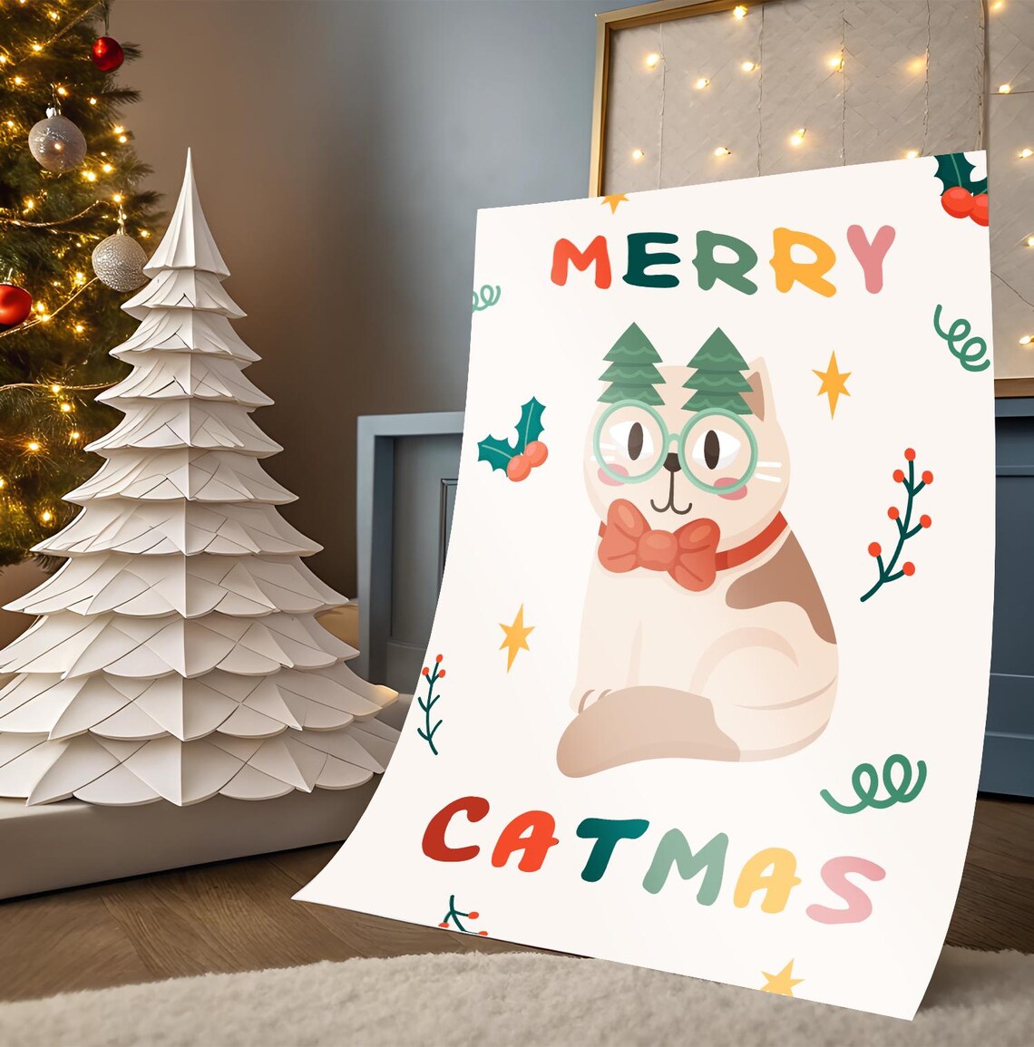 Merry Catmas Cat With Glasses and Red Bow Tie Christmas Poster - Image 3