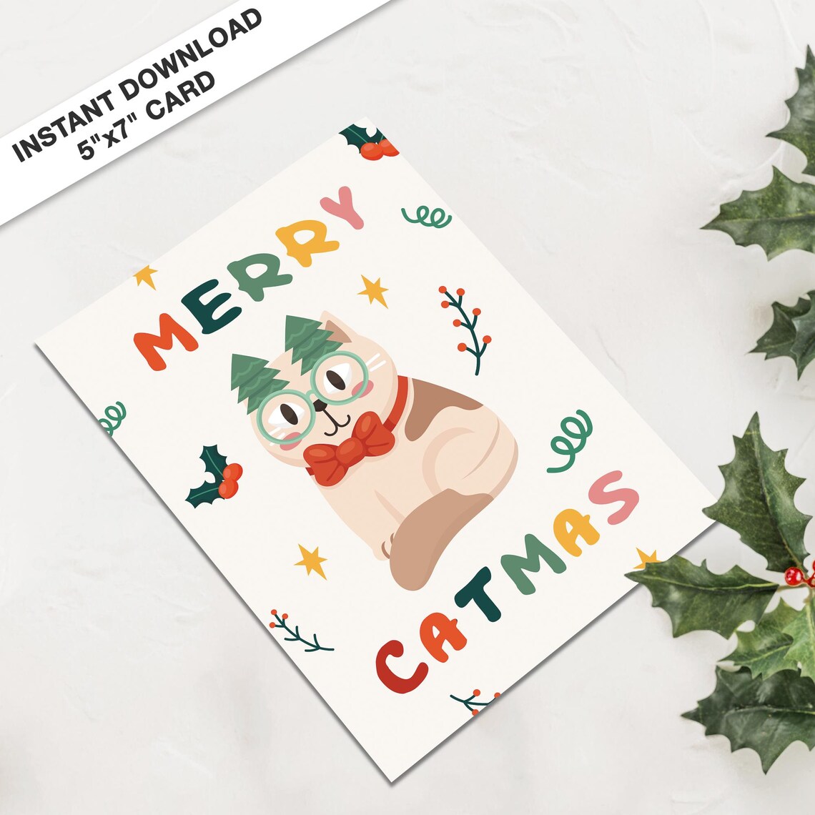 Merry Catmas Funny Cat With Pine Tree Ears Glasses Card Poster - Image 3