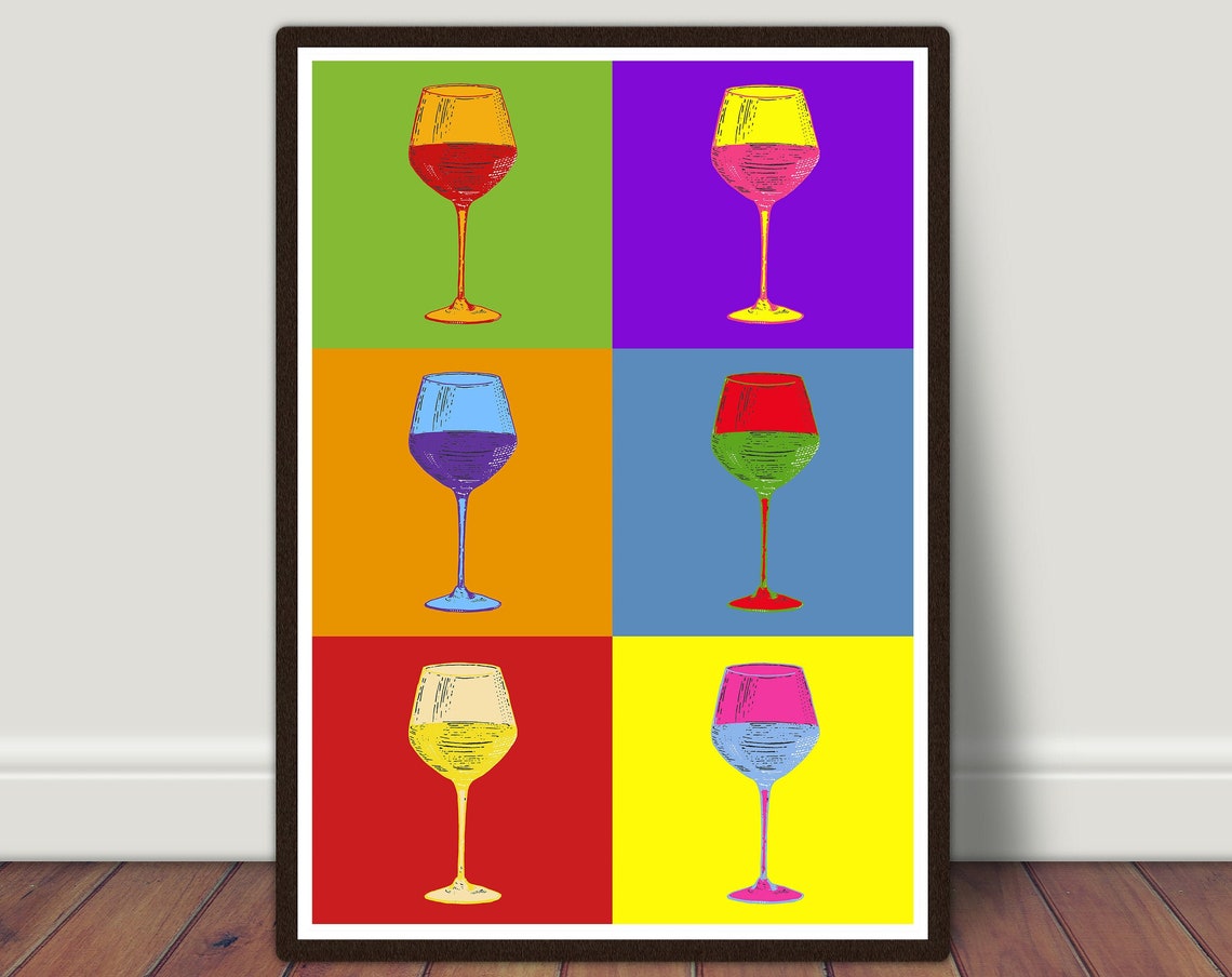 Pop Art Wine Glasses Six Panel Colorful Modern Kitchen Bar Poster