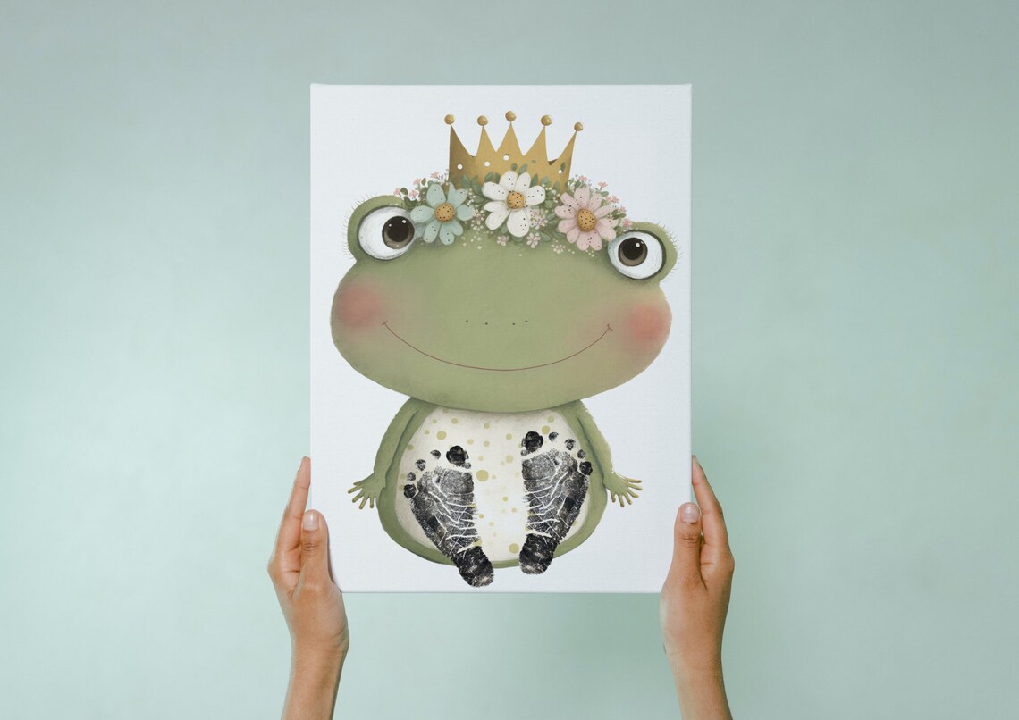 Frog Prince With Gold Crown Flowers Baby Footprint Keepsake Poster - Image 3