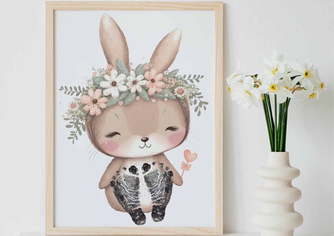 Smiling Bunny With Flower Crown Heart Balloon Footprint Poster - Image 4