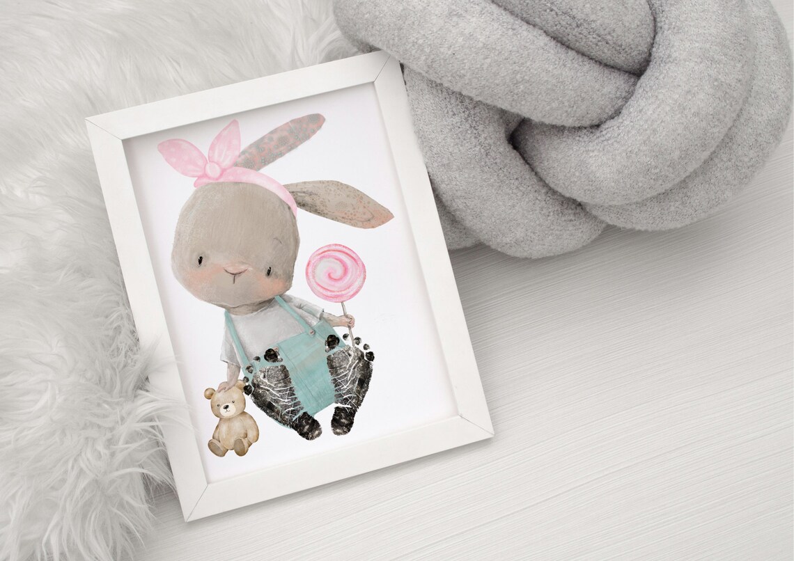Bunny Girl With Pink Bow Lollipop Teddy Footprint Nursery Poster - Image 4