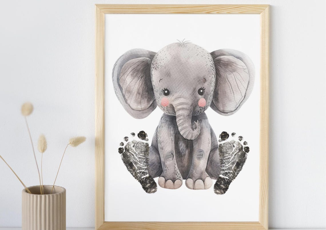 Cute Watercolor Baby Elephant Footprint Nursery Keepsake Poster - Image 3