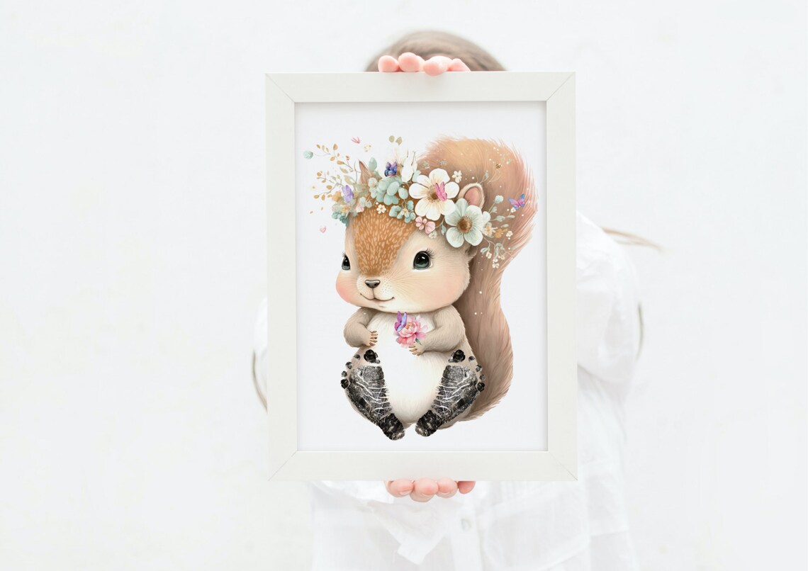 Baby Footprint Squirrel With Floral Decoration Art Print - Image 2