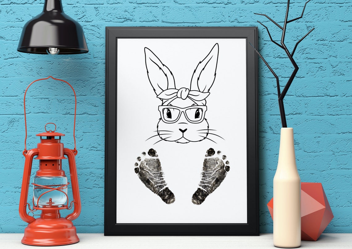 Cool Bunny Glasses Footprint Baby Nursery Keepsake Kids Art Poster - Image 2