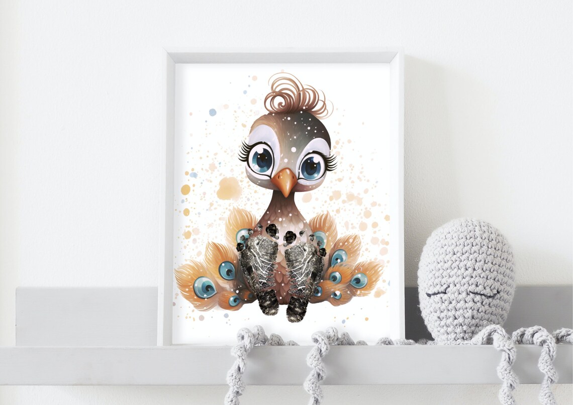 Colorful Baby Peacock With Footprint Nursery Keepsake Poster - Image 4