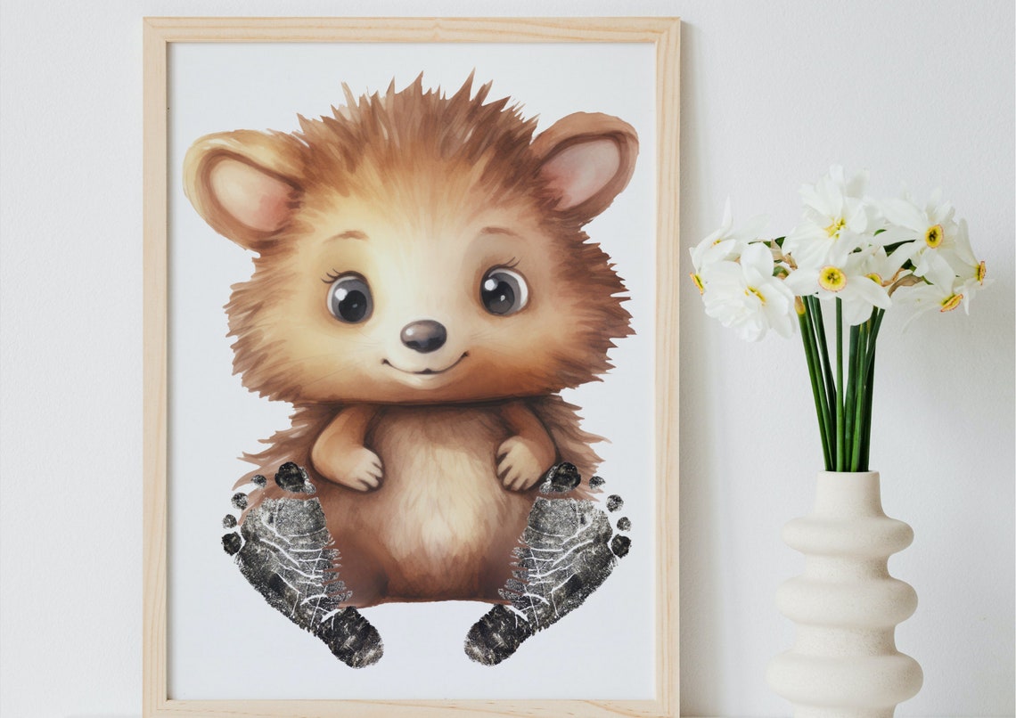 Cute Watercolor Hedgehog Baby Footprint Nursery Keepsake Poster - Image 2