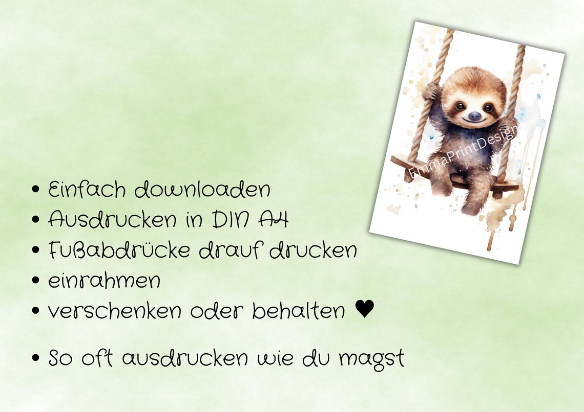 Baby Footprint Picture Sloth On Swing Art Print - Image 4