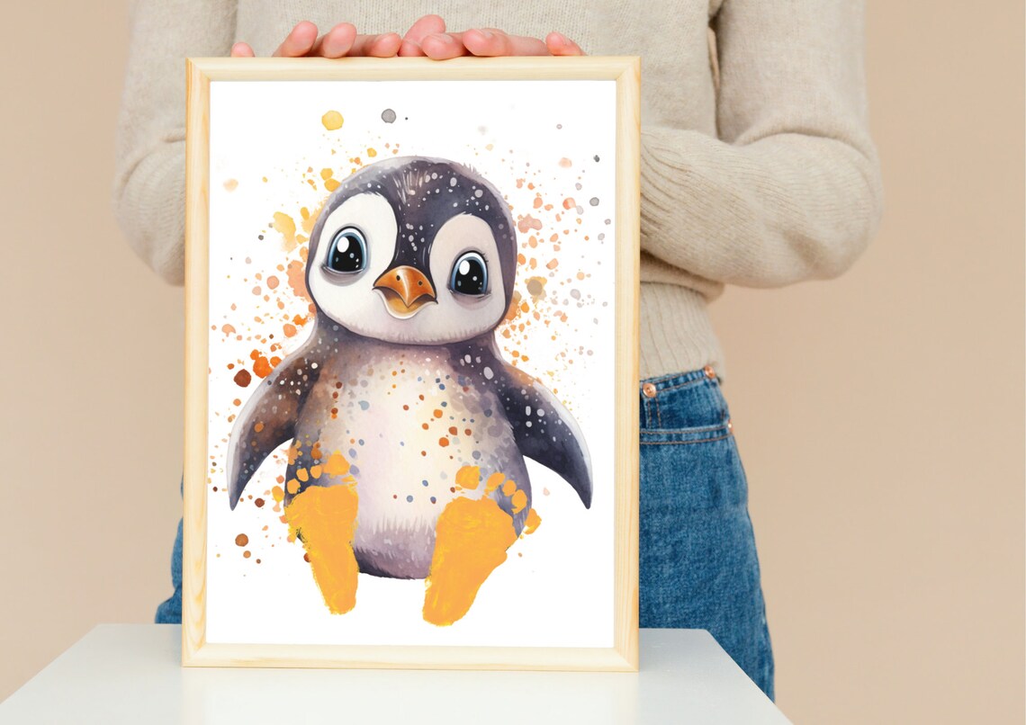 Penguin Watercolor Footprints, Newborn Nursery Art Print - Image 2