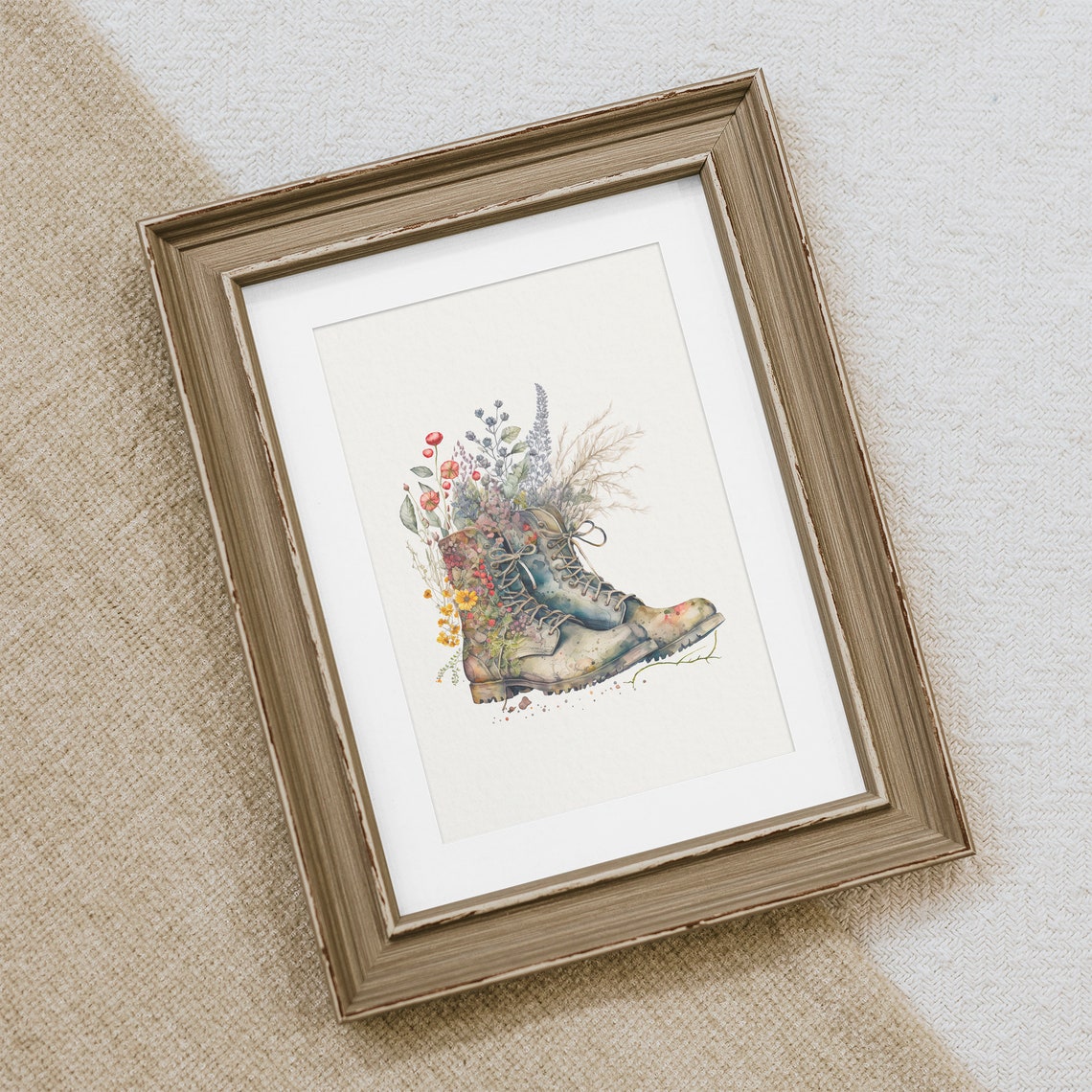 Hiking Boots Watercolor Wildflowers Rustic Outdoor Adventure Art Print - Image 2