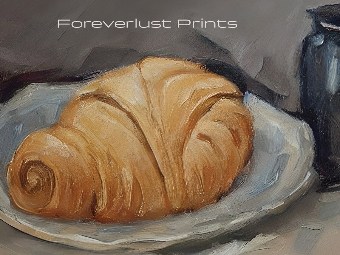 Croissant Still Life Oil Painting Golden Pastry French Bakery Art Print - Image 2