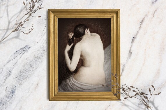 Moody Portrait Vintage Print Nude Women Giclee Print Dark Rustic Farmhouse Decor Bathroom Giclee Art Print Cottage Shelf Art