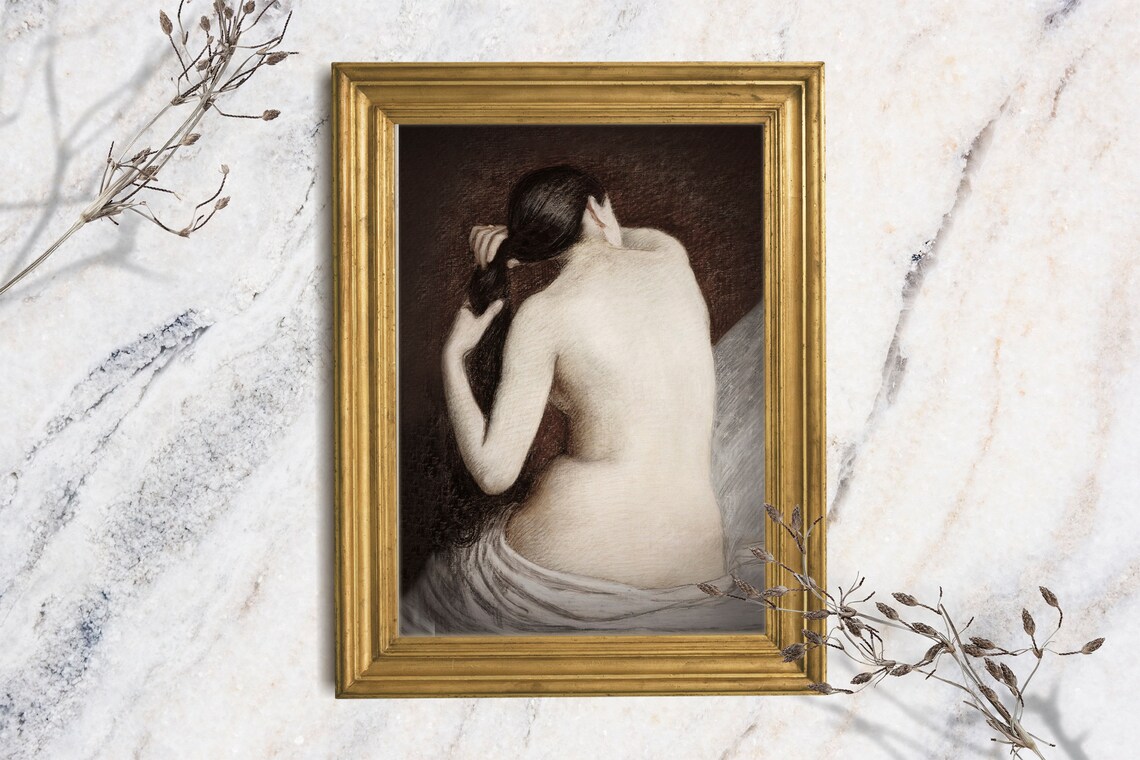 Vintage Nude Woman Hair Study Dark Academia Classical Painting Art Print
