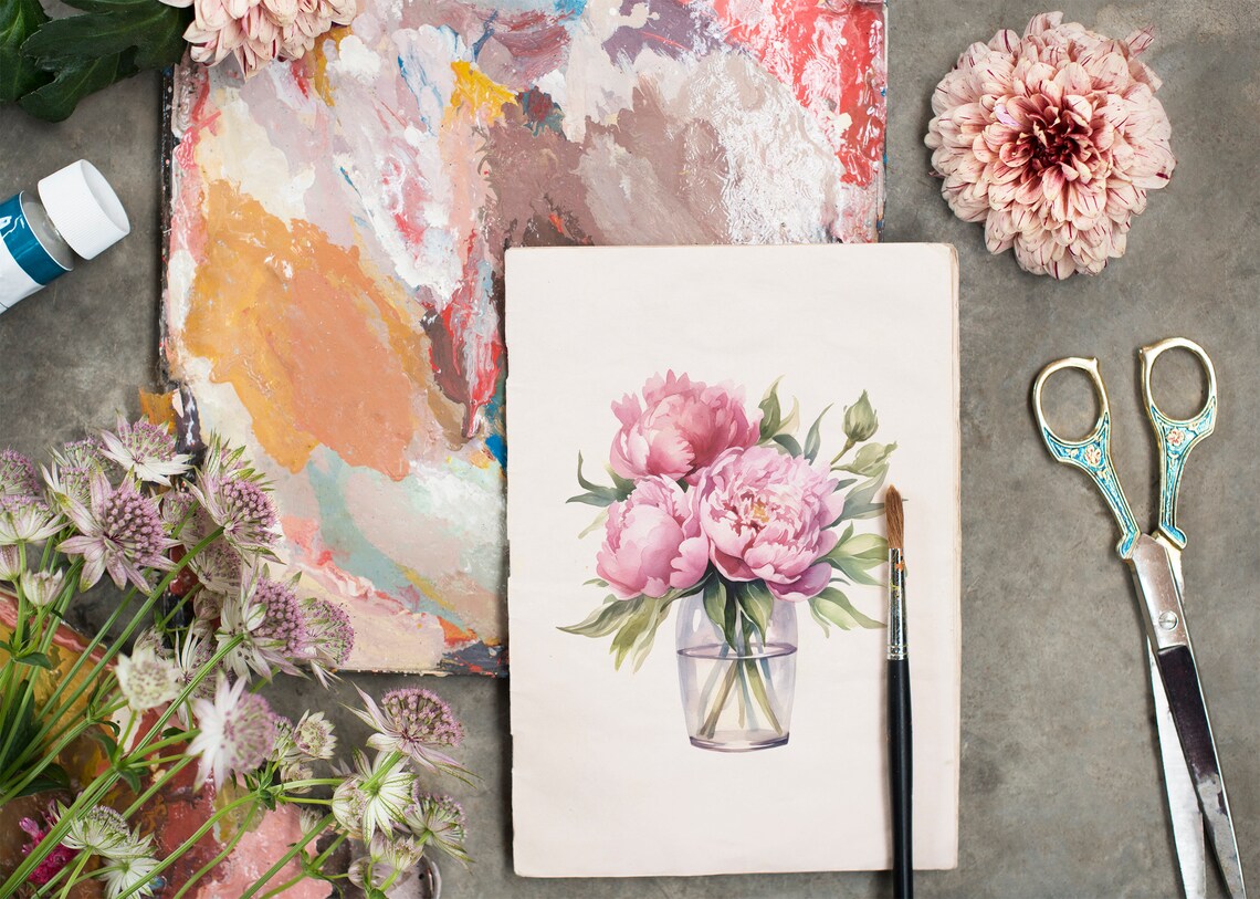 Pink Peony Blossoms Glass Vase Romantic Watercolor Floral Poster - Image 2