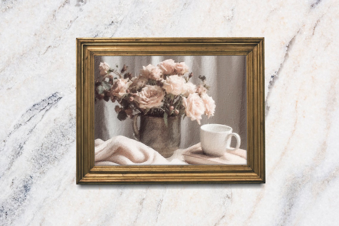 Blush Roses Pitcher Coffee Cup On Books Soft Morning Still Life Poster