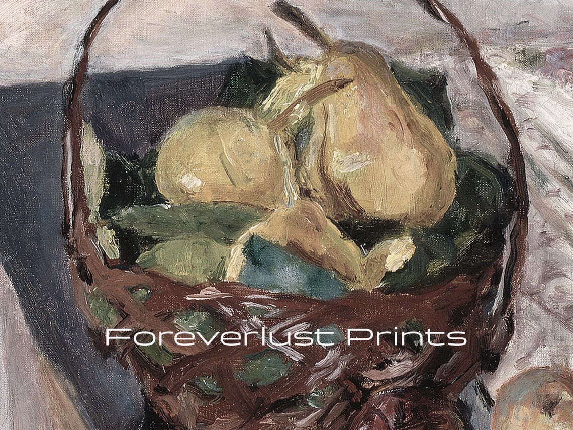 Vintage Pear Basket Still Life Impressionist Fruit Oil Painting Farmhouse Print - Image 2