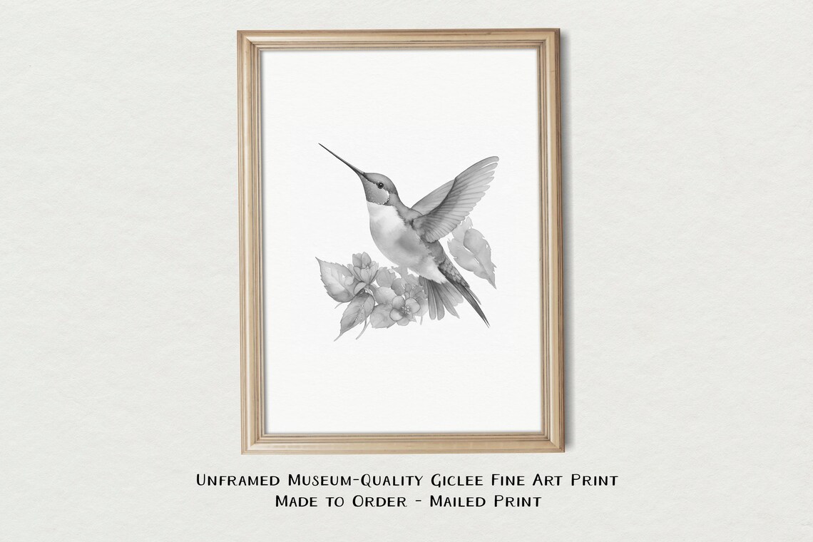 Gray Tonal Hummingbird Watercolor Floral Minimalist Bird Art Print