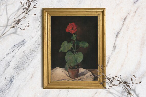 Geranium Art Print Floral Oil Painting Print Moody Dark Academia Still Life Rustic Farmhouse Wall Decor