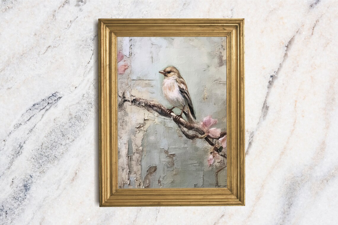 Little Bird On Blossom Branch Textured Oil Painting Spring Poster