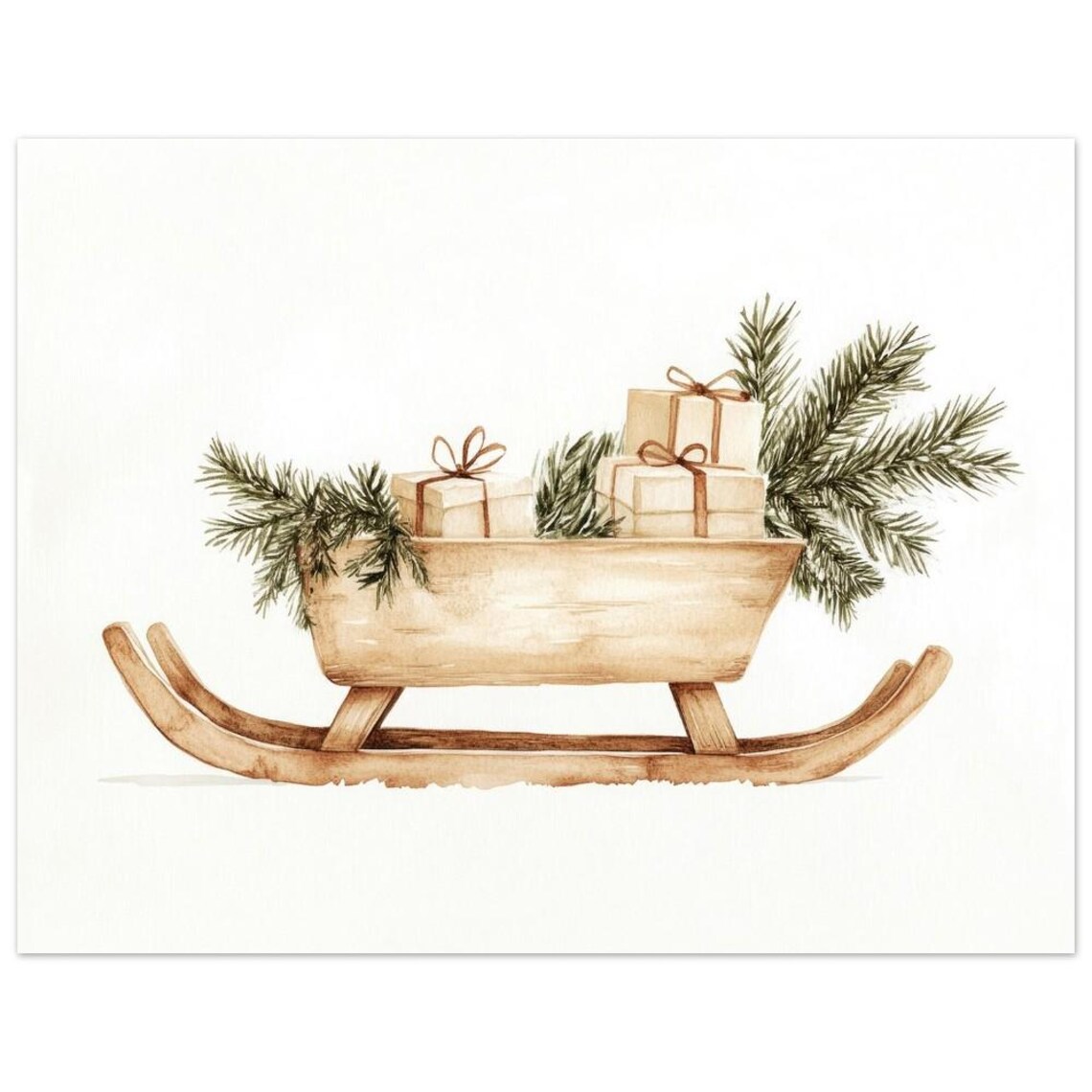 Rustic Wooden Sleigh With Gifts Pine Christmas Watercolor Art Print - Image 3