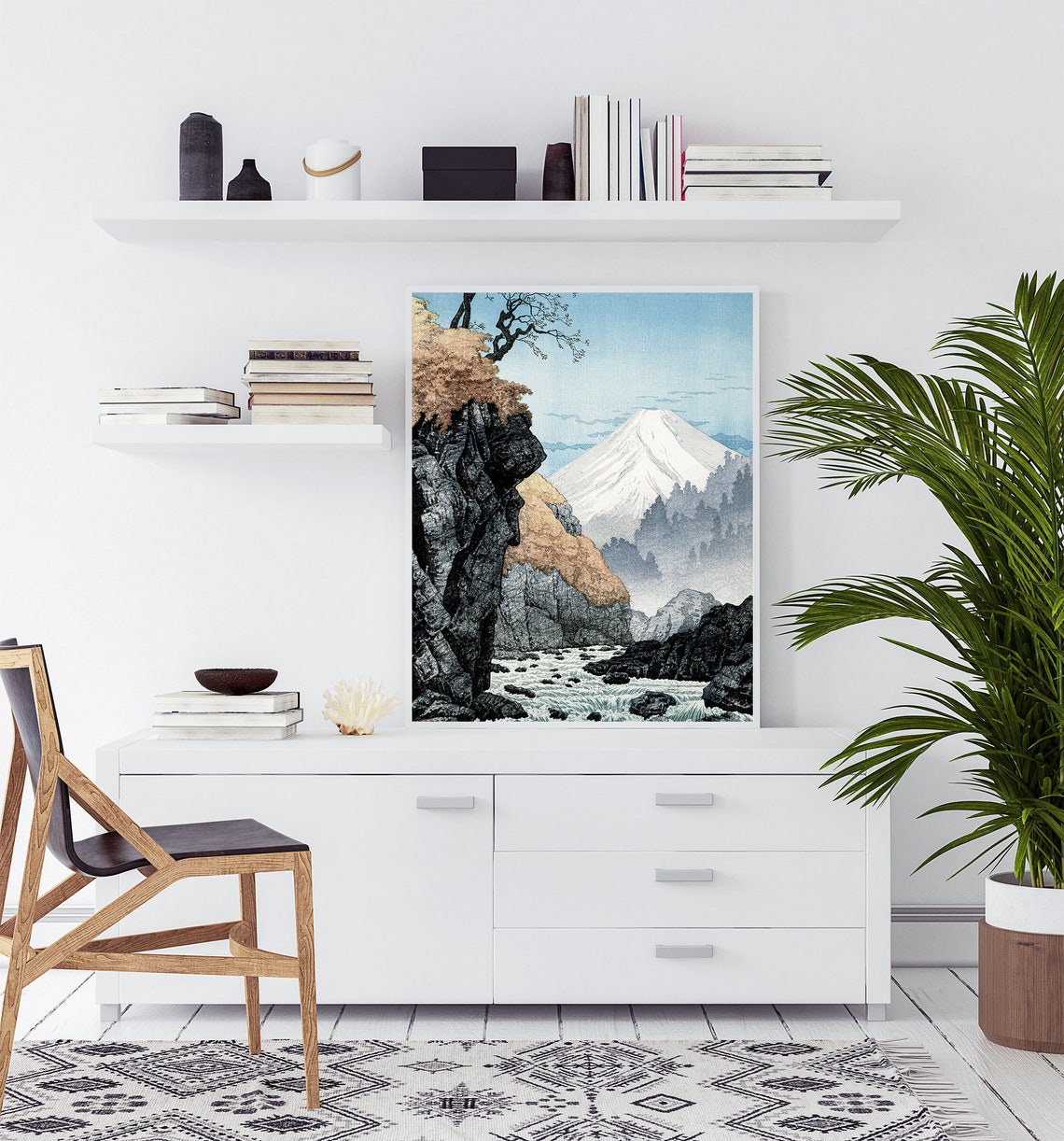 Mount Fuji Snow Capped Peak Rocky River Gorge Japanese Woodblock Print - Image 2