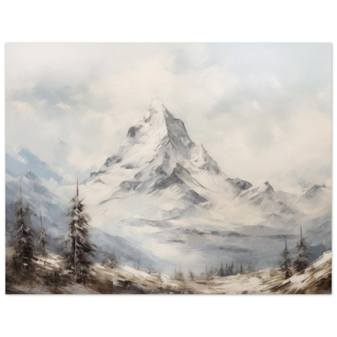 Snowy Mountain Peak Oil Painting Alpine Winter Landscape Rustic Wall Art Print - Image 3
