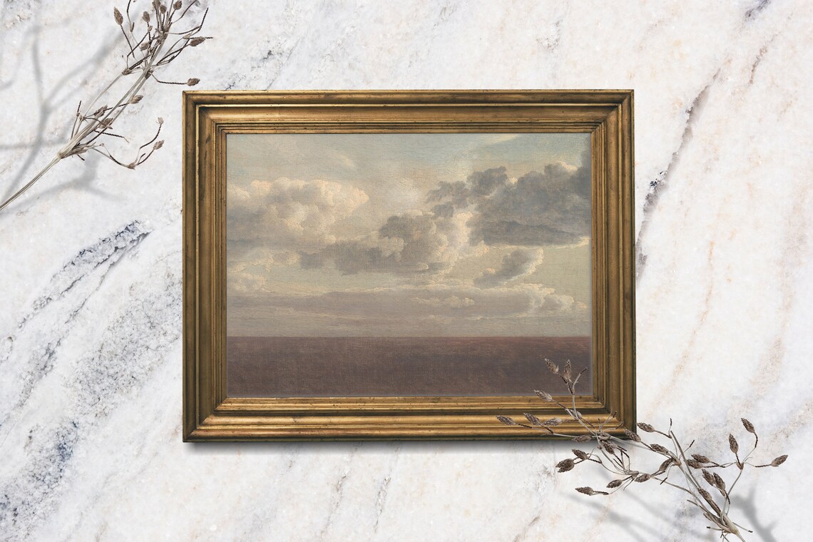 Dramatic Clouds Over Meadow Moody Sky Vintage Landscape Oil Art Print