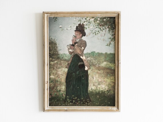 French Portrait Painting Vintage Moody Woman Portrait Spring Landscape Farmhouse Decor
