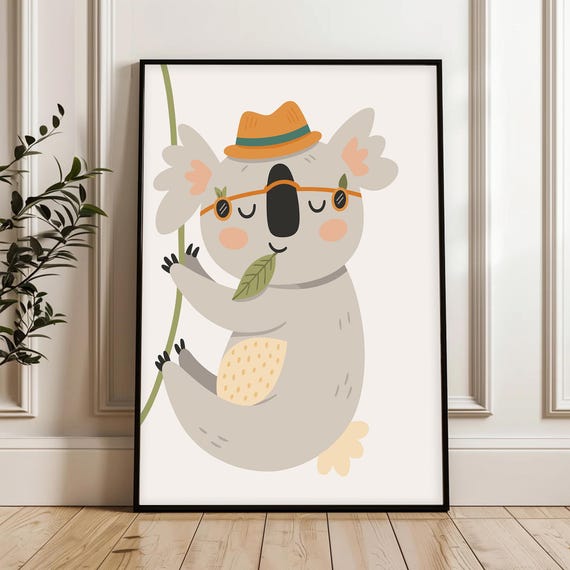 Koala Bear With Hat Poster Whimsical Baby Room Decor Kids Playroom Nursery Shower Gift