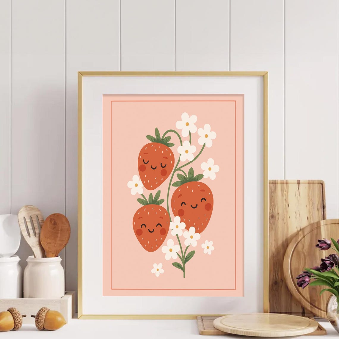 Smiling Strawberries With White Flowers Sweet Kitchen Poster
