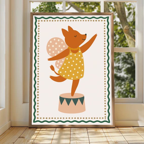 Fox Wall Art Minimalist Nursery Print Cute Animal Poster Kids Room Decor Scandinavian Style Dancing Whimsical