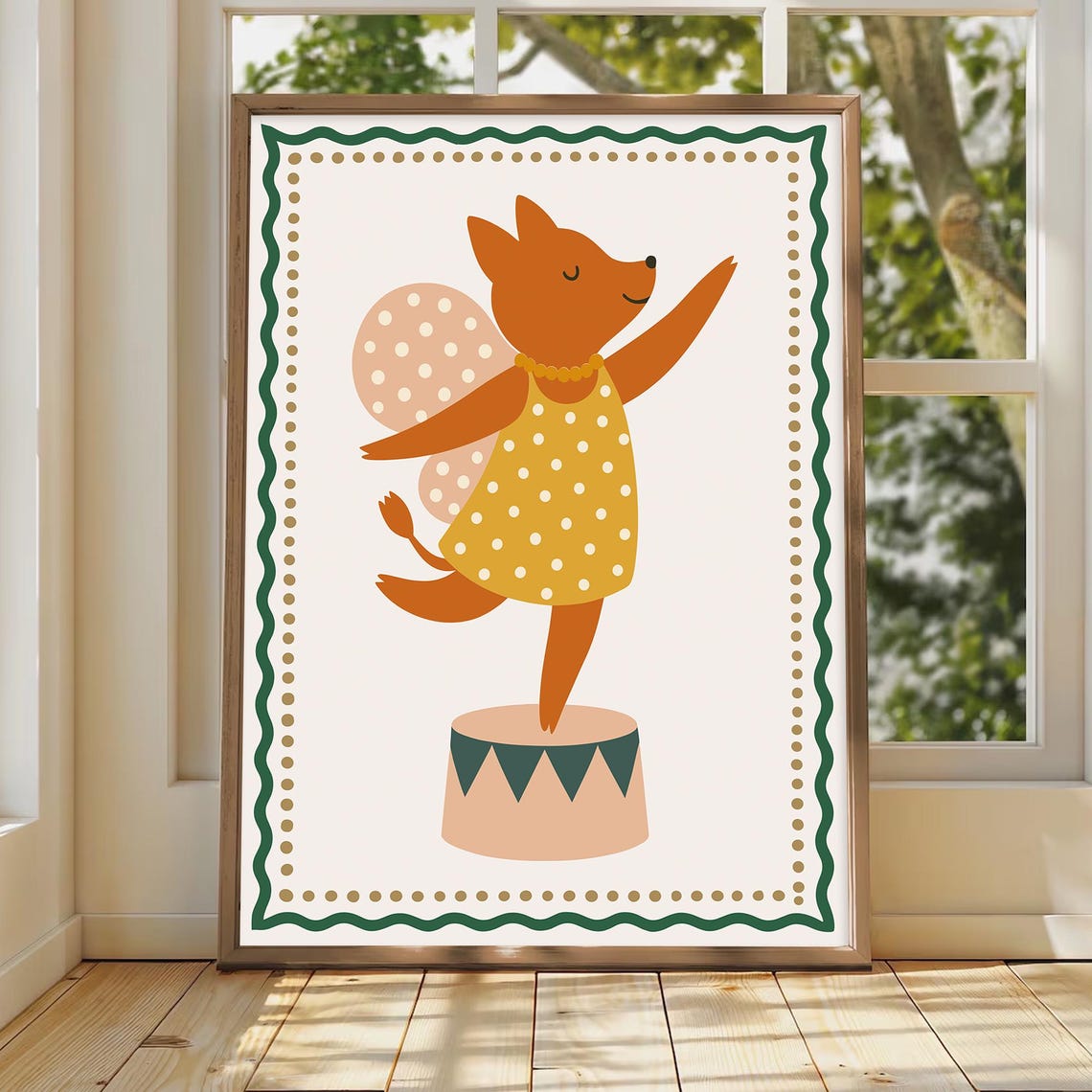 Dancing Fox Ballerina in a Yellow Polka-Dot Dress Kids Circus Poster