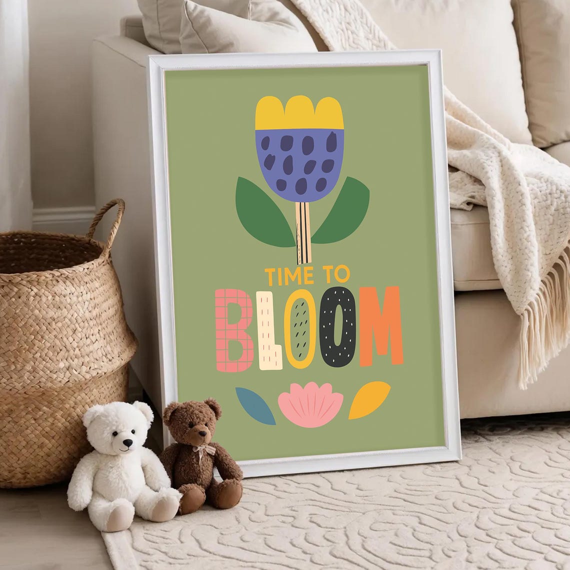 Time to Bloom Colorful Tulip Sage Green Kids Inspirational Wall Poster