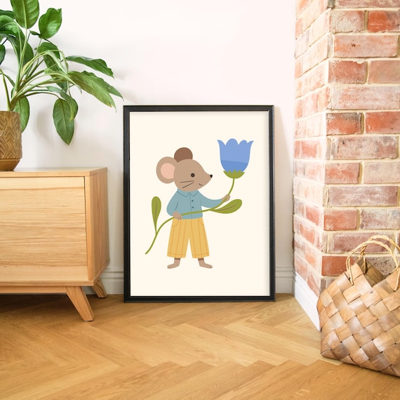 Cute Little Mouse Holding Blue Flower Sweet Nursery Kids Poster