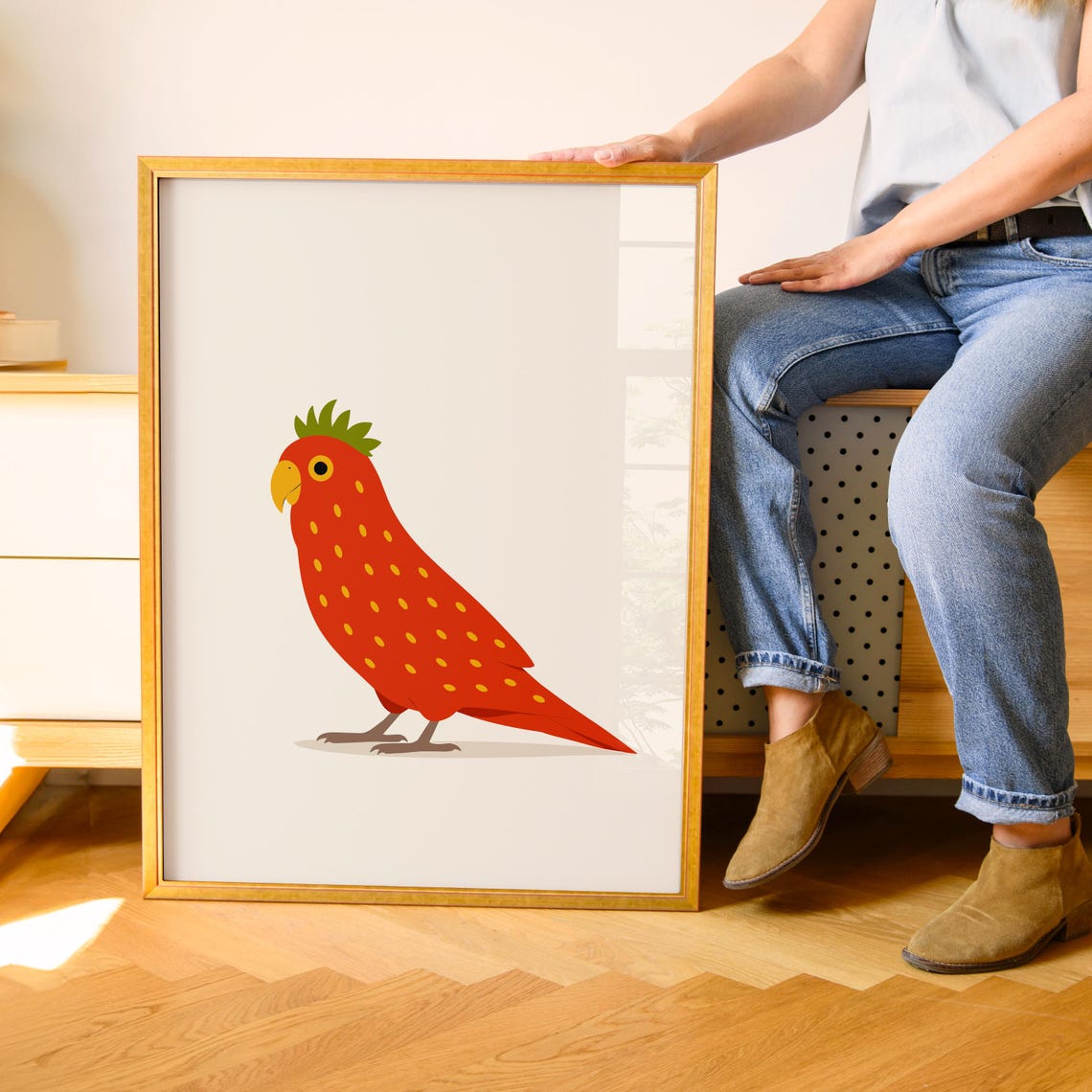 Cute Red Parrot Cartoon Bird with Green Crest Kids Room Poster
