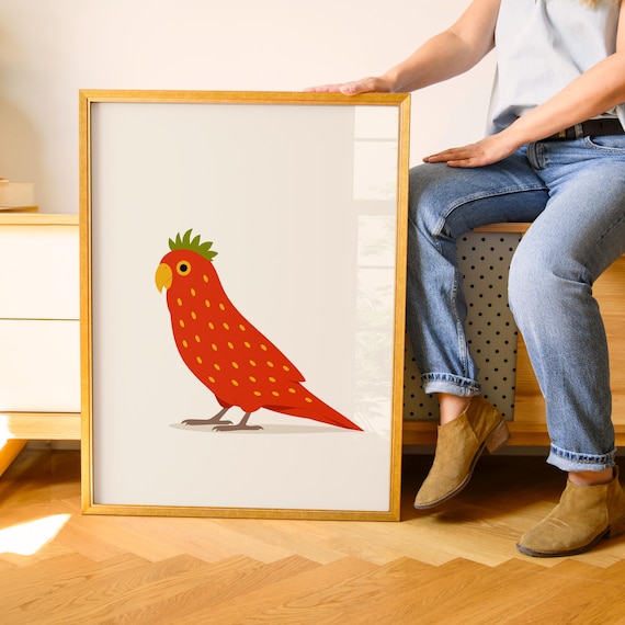 Cute Red Parrot Cartoon Bird with Green Crest Kids Room Poster