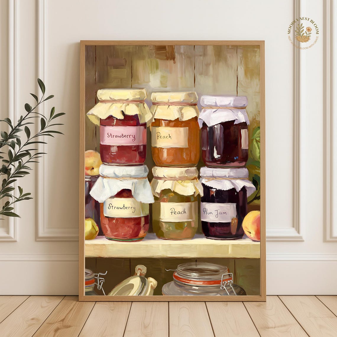 Homemade Strawberry Peach Plum Jam Jars Rustic Kitchen Painting Poster