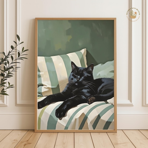 Cozy Black Cat Napping on Striped Sofa Emerald Green Wall Art