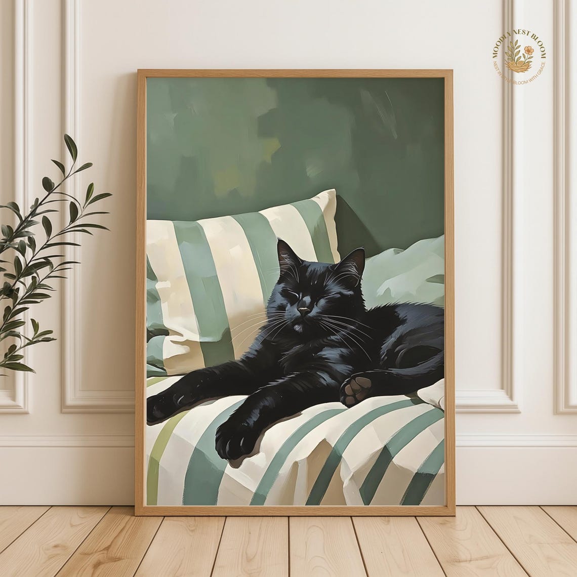 Cozy Black Cat Napping on Striped Sofa Emerald Green Wall Art