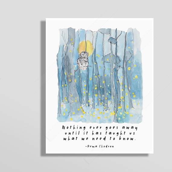 Pema Chodron Owl Watercolor Forest Moonlight Quote Art Poster
