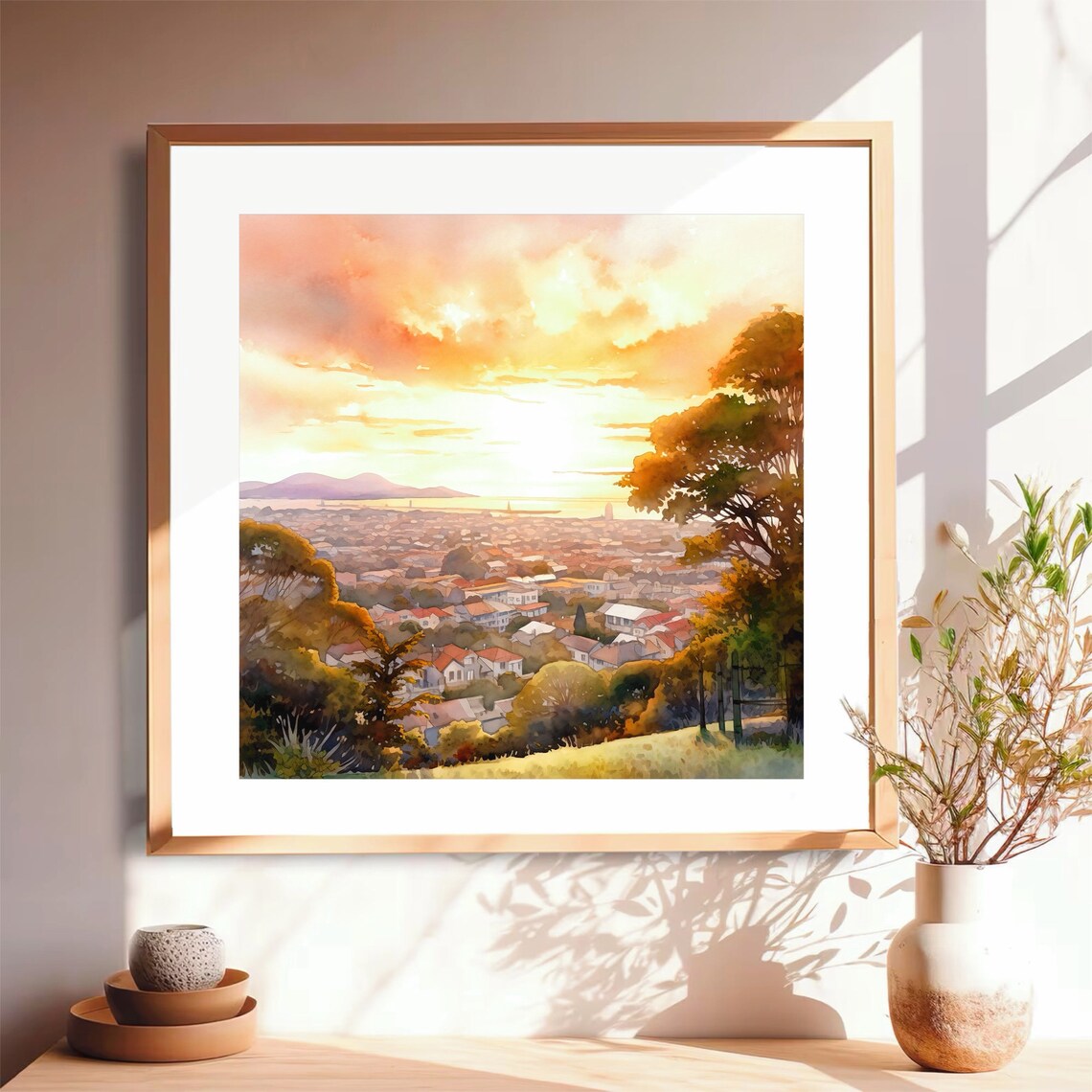 Hilltop Sunset View Overlooking a Sleepy Town Watercolor Poster - Image 2