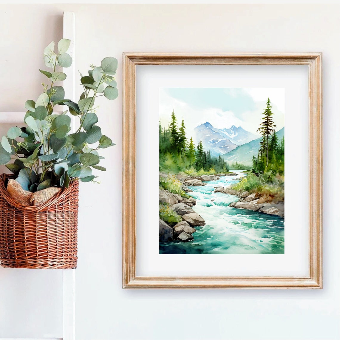 Mountain Stream Rapids Tall Pine Forest Watercolor Nature Poster - Image 4