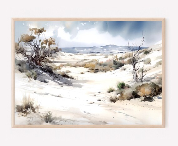 White Sand Dunes Watercolor with Desert Trees and Shrubs Poster