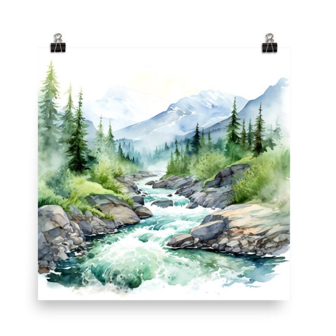 Alaska Mountain River Watercolor Landscape Art Print - Image 5