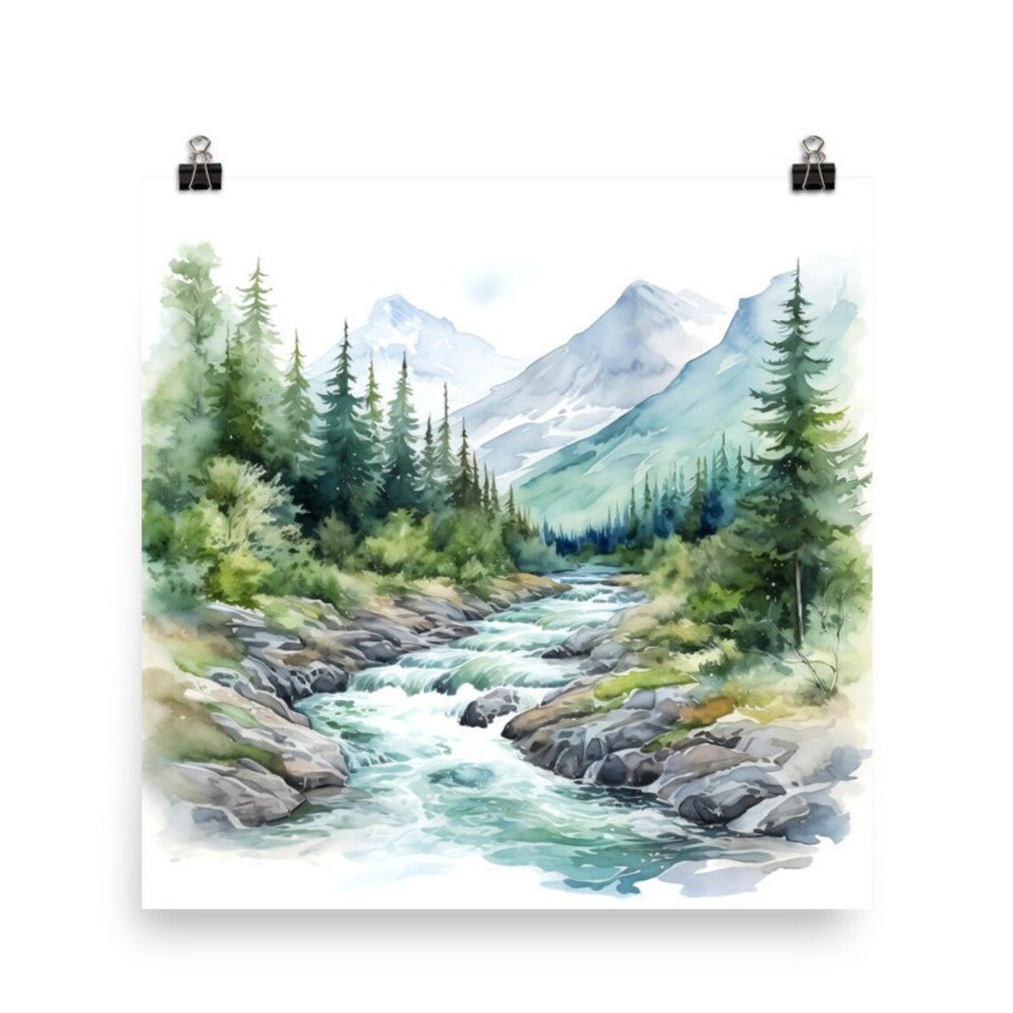 Mountain River Rapids Watercolor with Pines and Snowy Peaks Poster - Image 4