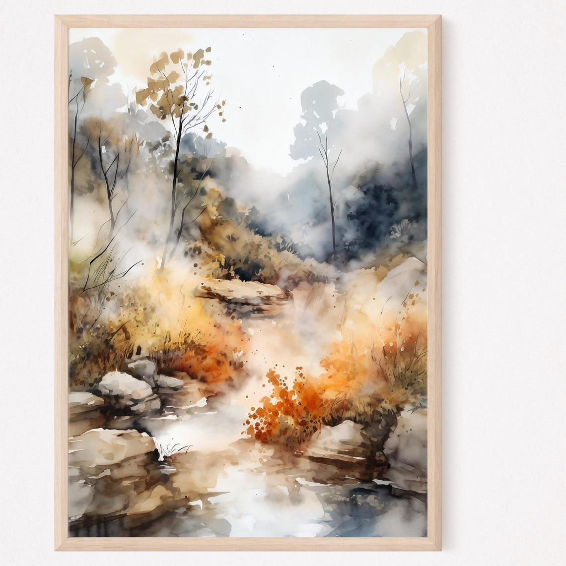 Abstract Autumn Creek Orange Splashes Misty Watercolor Art Poster