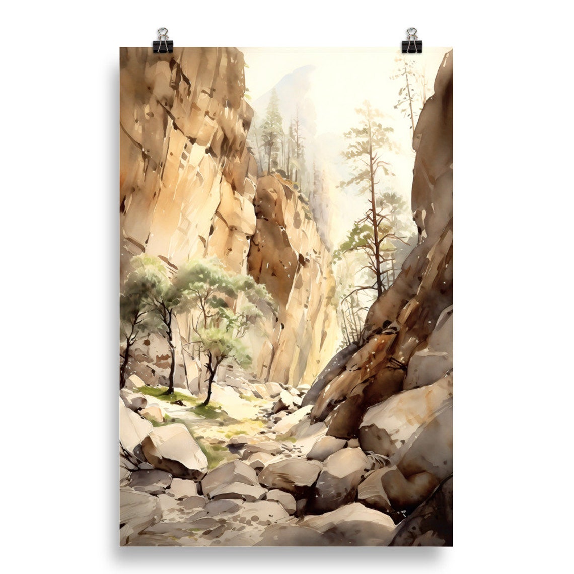 Rocky Canyon Watercolor Landscape with Trees Desert Cliffs Poster - Image 4